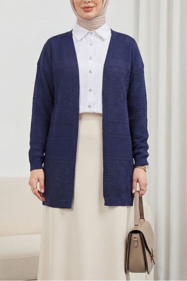 Openwork Seasonal Knitwear Cardigan -Navy blue
