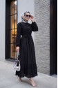 Baby Collar Half Buttoned Scalloped Dress -Black