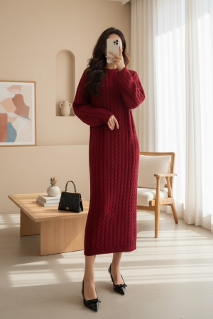 Saç Örgü Triko Elbise -Bordo