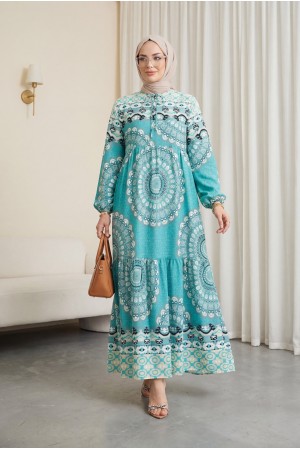 فستان بأكمام مطاطية برباط من الدانتيل -لون النعناع