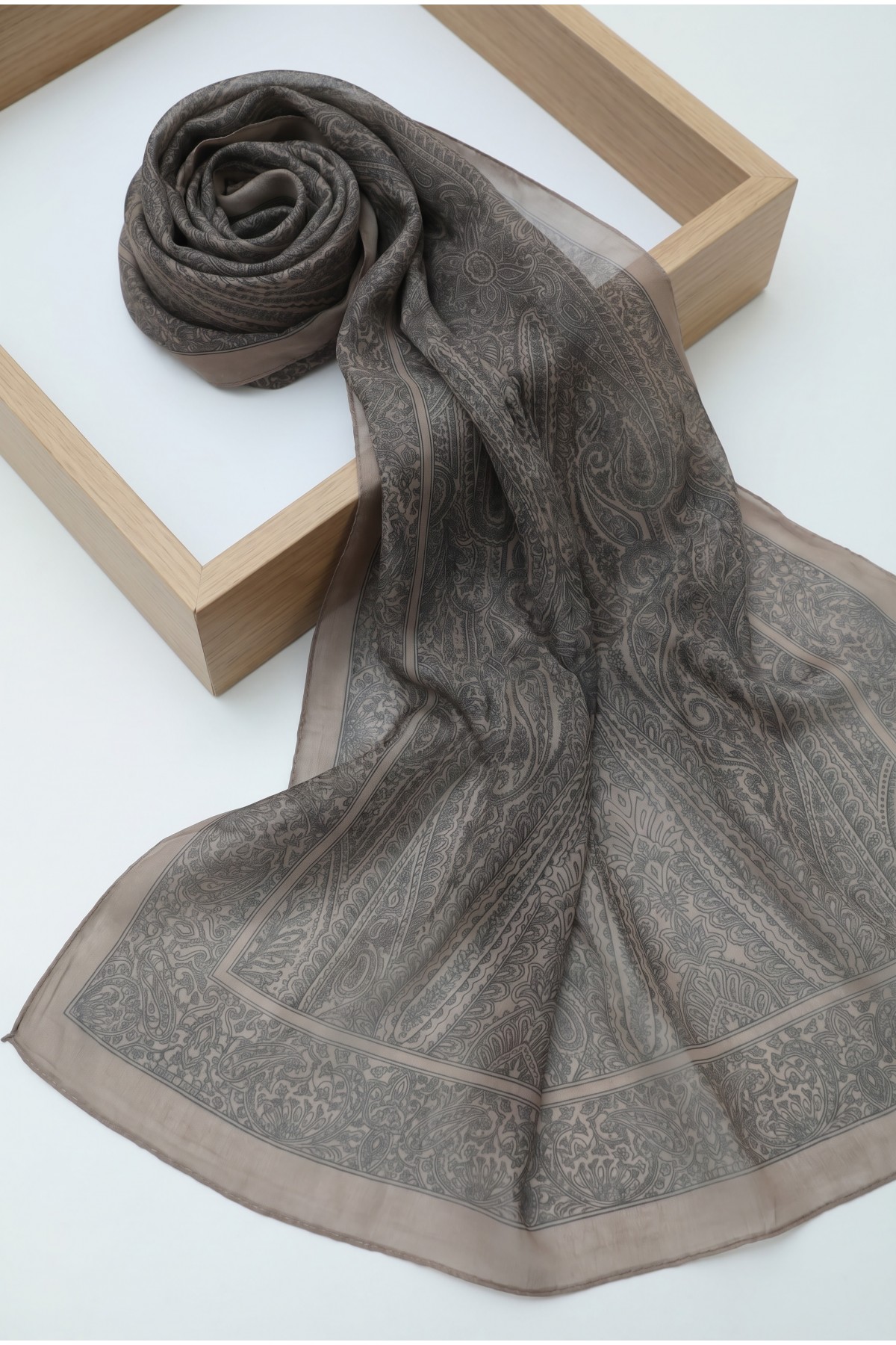 Ethnic Patterned Voile Scarf -Light Mink