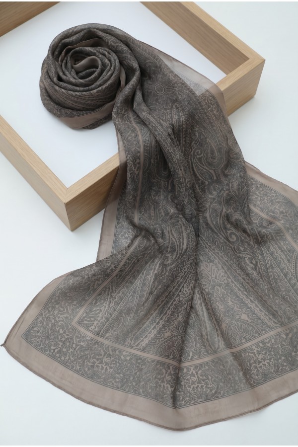 Ethnic Patterned Voile Scarf -Light Mink