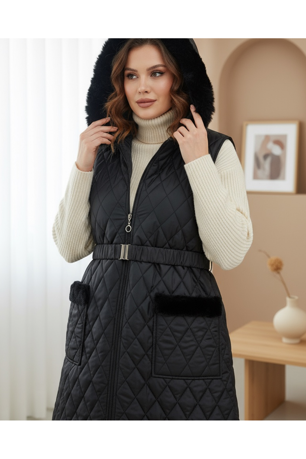 Quilted Vest with Hood and Belt -Black