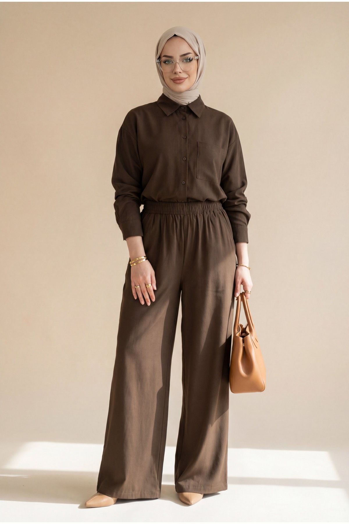 Button-front, single-pocket shirt and trousers suit -Dark Coffee