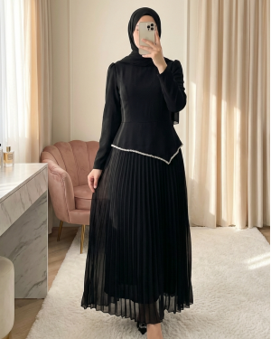 Asymmetrical Waist, Embellished Skirt, Pleated Crepe Dress -Black