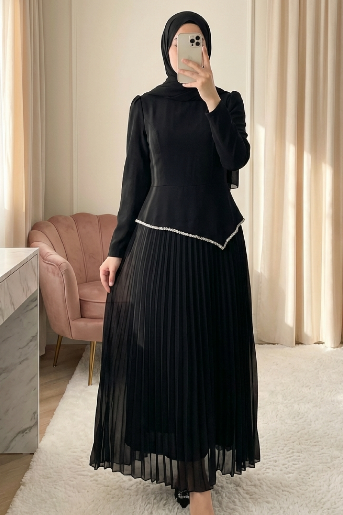 Asymmetrical Waist, Embellished Skirt, Pleated Crepe Dress -Black