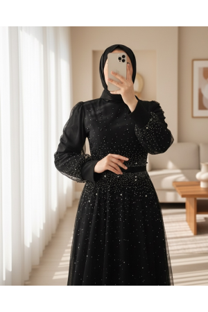 Design Stone Detailed Embossed Tulle Evening Dress -Black