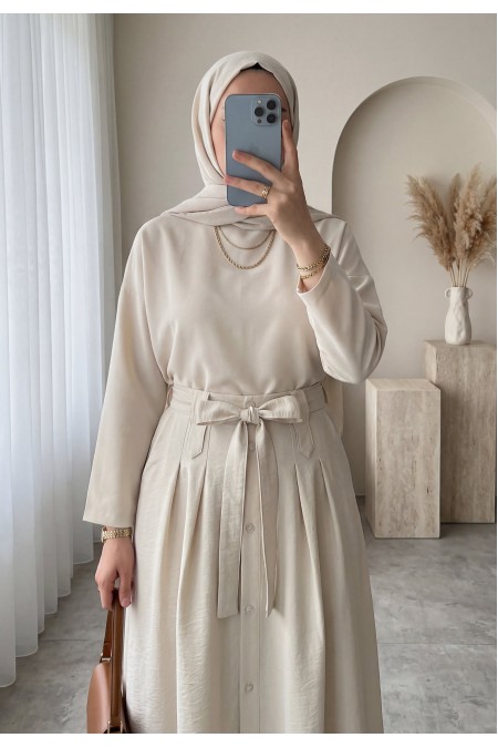 Önü Düğmeli Bağcıklı Paraşüt Etek -Taş