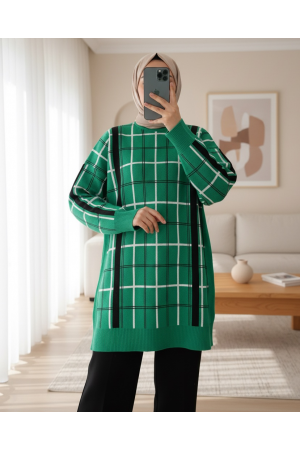 Kare Desenli Çift Kat Salaş Triko Tunik -Yeşil