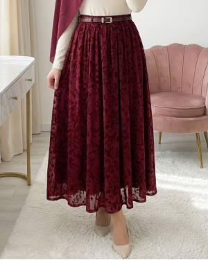 Astarlı Kemerli Kabartma Desenli Organze Etek -Bordo