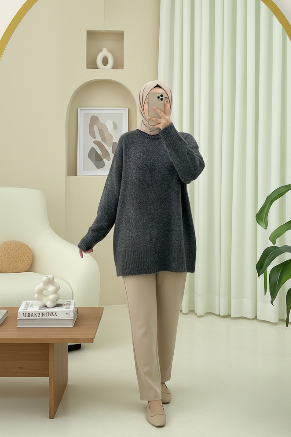 كارديجان محبوك بنقشة غصن وأزرار حجرية -لون مدخن