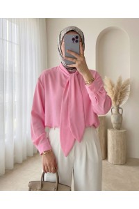 Yakası Bağlamalı Düğmeli Oversize Gömlek -Pembe