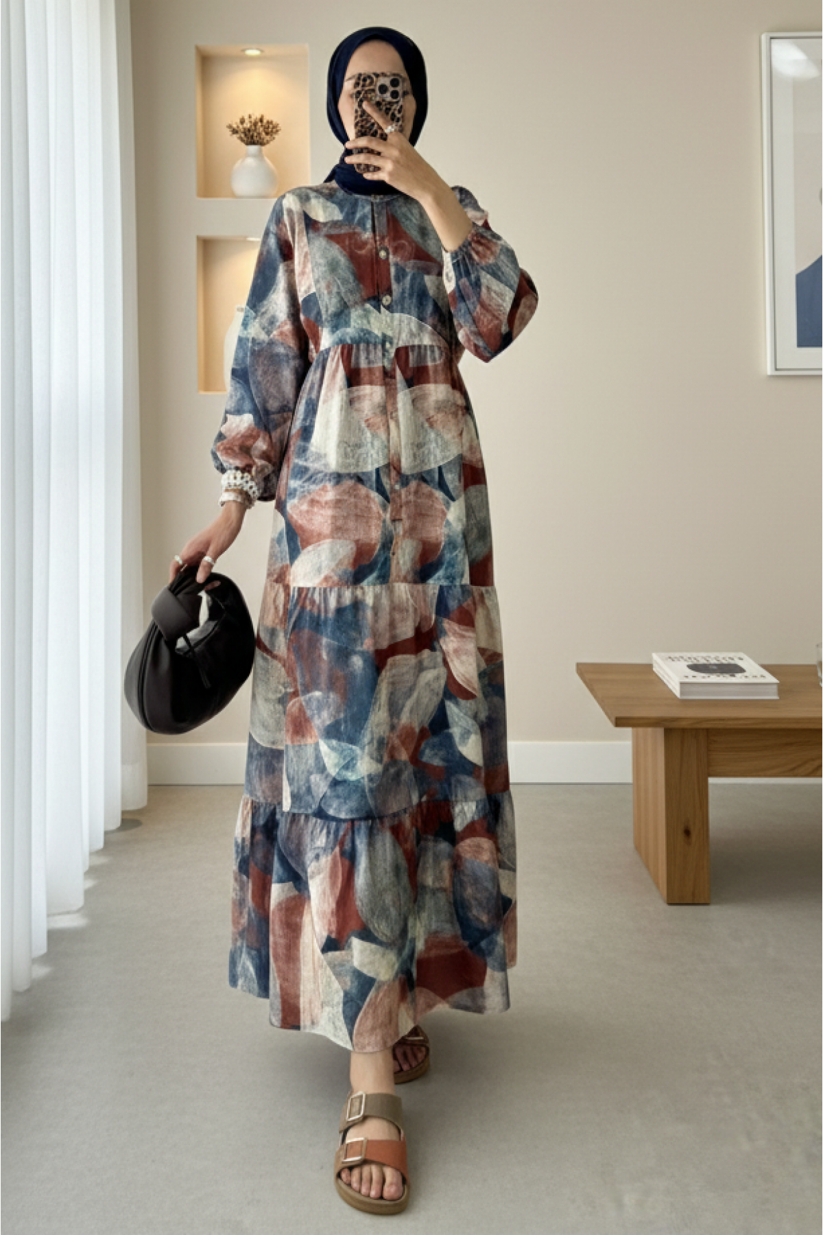 Half Buttoned Elastic Sleeve Batik Patterned Dress -Brick color