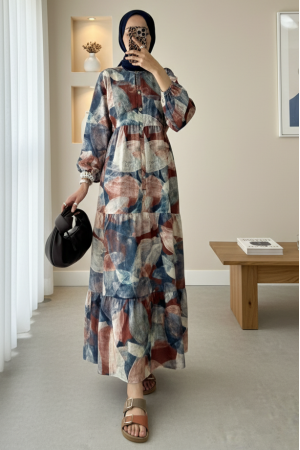 Yarım Düğmeli Kolu Lastikli Batik Desenli Elbise -Kiremit