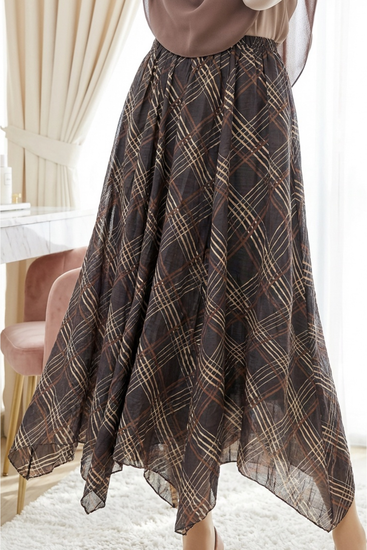 Asymmetrical Cut, Crash-Lined Tencel Skirt -Dark Coffee