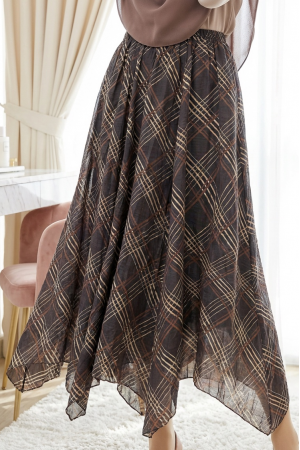 Eteği Asimetrik Kesim Kraşlı Astarlı Tensel Etek -K. Kahve