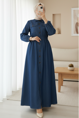 Denim Dress with Elastic Sleeves and Buttons on the Neck and Double Pockets -İndigo