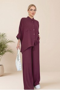 Çift Cepli Yarım Yarasa Kol Salaş Gömlek Takım  -Bordo