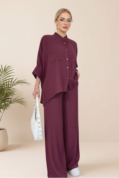 Çift Cepli Yarım Yarasa Kol Salaş Gömlek Takım  -Bordo