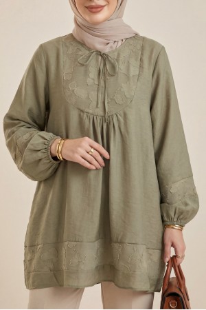Yakası Bağlamalı Kolu Lastikli Garnili Modal Tunik  -Zeytin