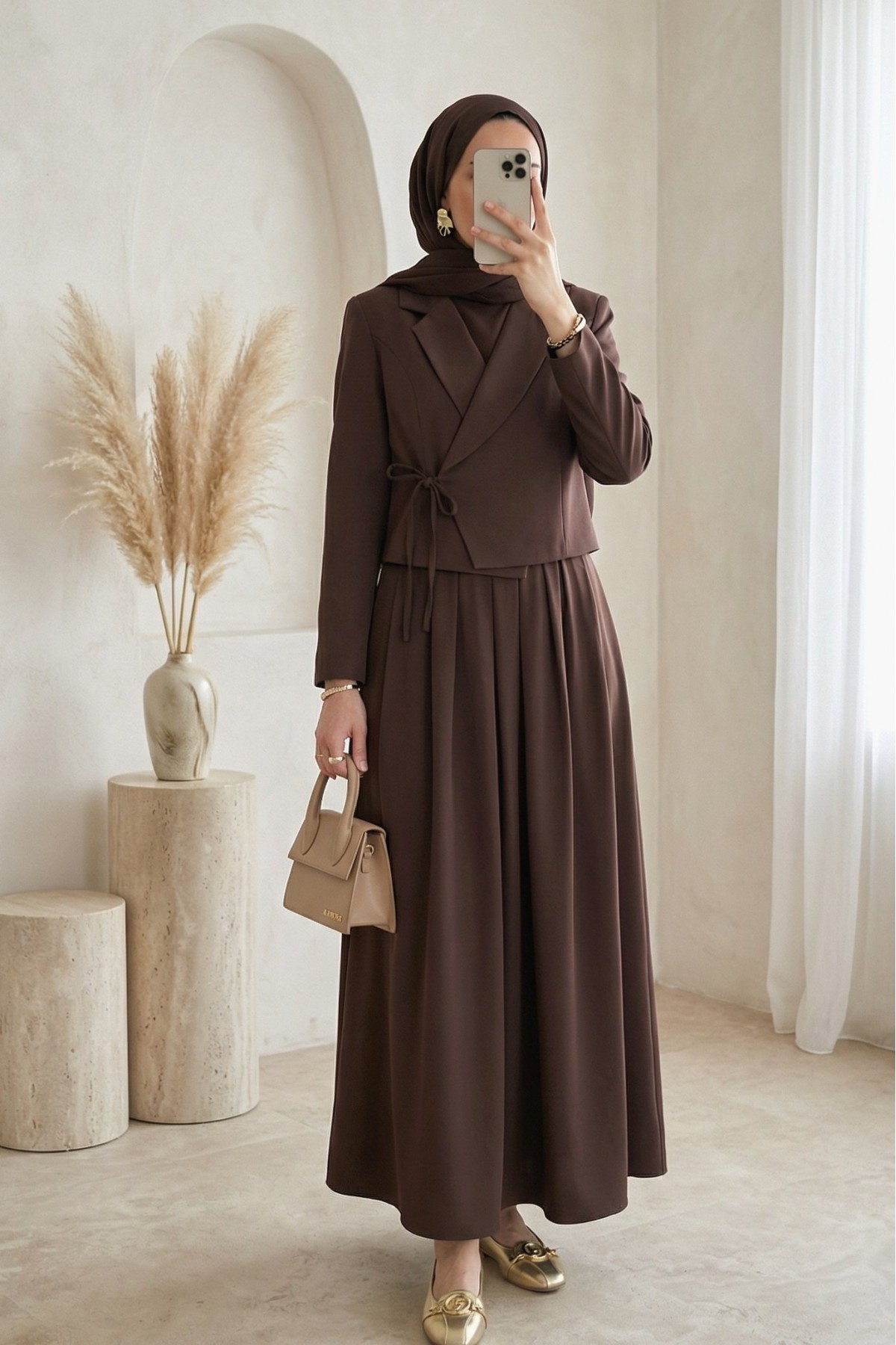 Front-tie Skirt and Jacket Two-Piece Set -Dark Coffee