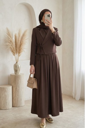 Önü Bağlamalı Etek Ceket İkili Takım -K. Kahve