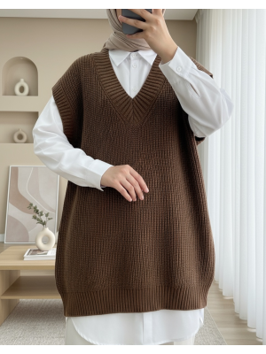 V yaka Geniz Ribanalı Prinç Örme Uzun Süveter -K. Kahve