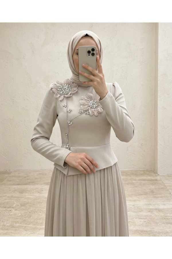 Daisy Detailed Pleated Skirted Stoned Dress -Stone