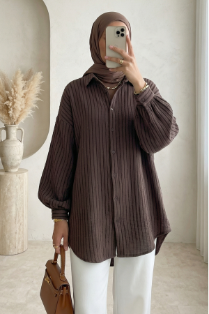 Dikiş Çizgili Arkası Uzun Salaş Müslin Gömlek  -Kahve