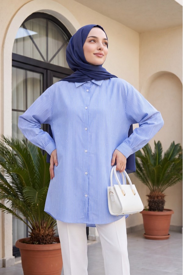 Striped Shirt with Sprinkled Stone Detail -Blue