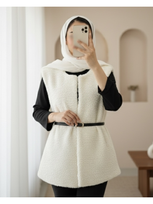 Beli Kemerli Çift Cepli Astarlı Peluş Yelek -Ekru