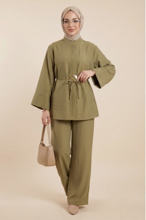 Beli Kemerli Yarım Düğmeli Pantolonlu Cupra Takım  -Yağ Yeşili
