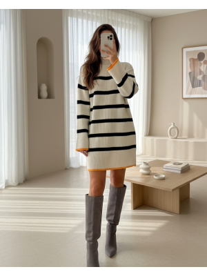 Yarım Boğazlı Örgün Desen Triko Tunik -Krem