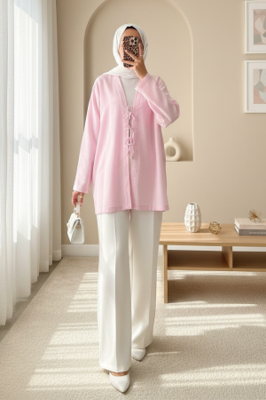 Önü Üç Bağcıklı Keten Kimono -Pudra