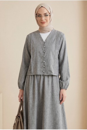 V Yaka Önü Düğmeli Plise Detaylı Keten Takım -Gri