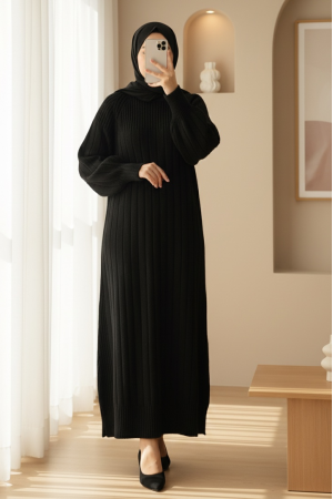 Fitilli Yırtmaçlı Uzun Triko Elbise -Siyah