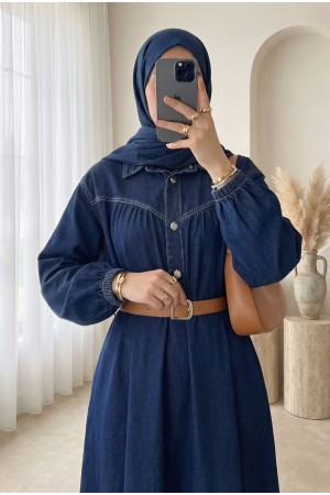 فستان جينز بنصف أزرار وأساور مطاطية وحزام. -كحلي