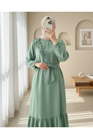 Fırfır Taş Detaylı Parça Eteklii Kemerli Ayrobin Elbise   -Haki