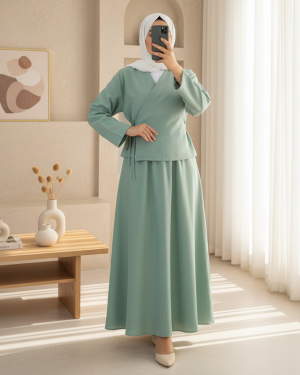Linen Suit with Side Tie Skirt  -Sea green