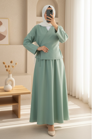 Yandan Bağlamalı Etekli Keten Takım   -Su Yeşili