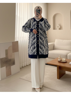 Düğmeli Zebra Desen Sakallı Triko Hırka -Laci