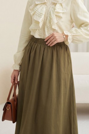 Beli Lastikli Cepli Dikiş Detaylı Etek    -Zeytin