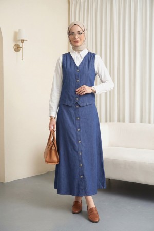 Yelek Etek Düğmeli Kot Takım -İndigo