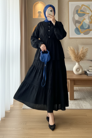 Önü Düğmeli Beli Bağcıklı Kolu Lastikli Etekli Dantelli Takım -Siyah