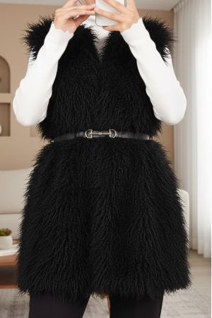 Kemerli Yan Cepli Kürklü Astarlı Yelek -Siyah