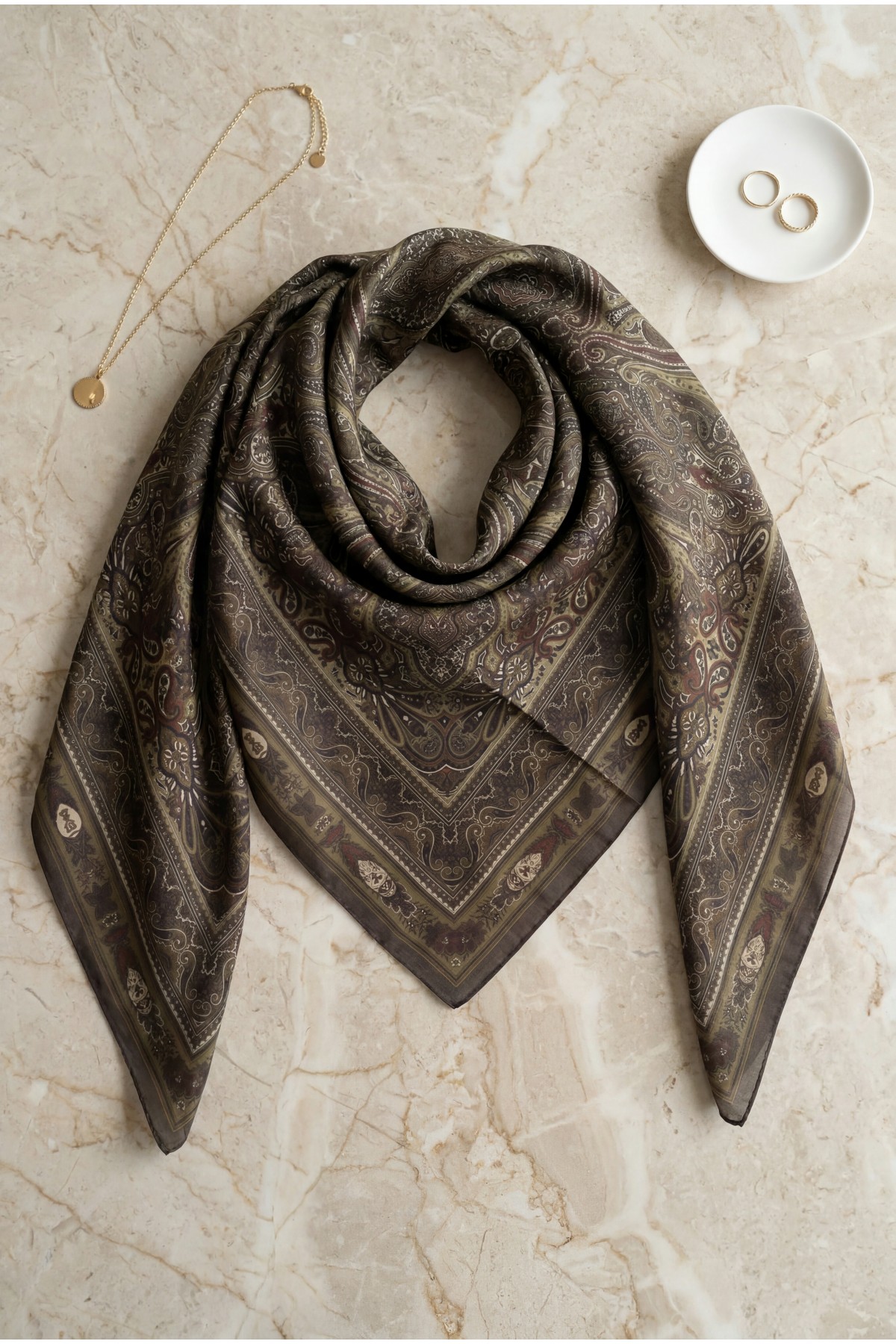 Framed Ethnic Pattern Cotton Scarf -Khaki