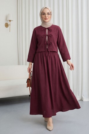 بدلة كتان بخصر مطاطي وتنورة برباط   -بوردو