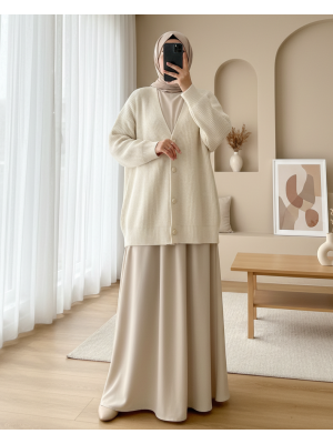 Gold Düğmeli Salaş Triko Hırka -Krem