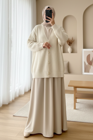 Gold Düğmeli Salaş Triko Hırka -Krem