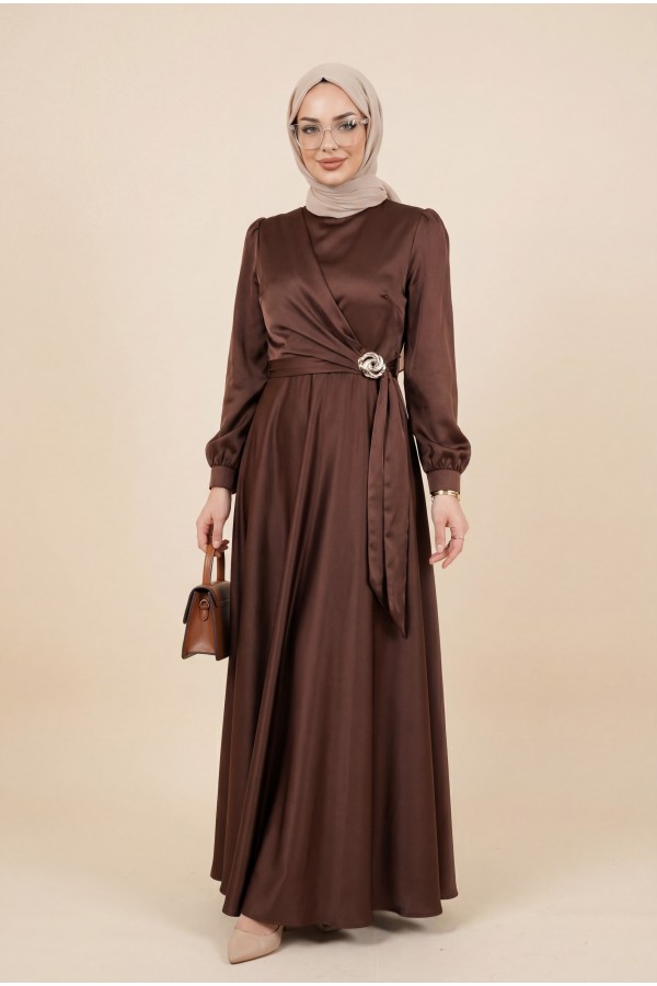 Satin Evening Dress with Side Tie and Buckle Waist -Brown